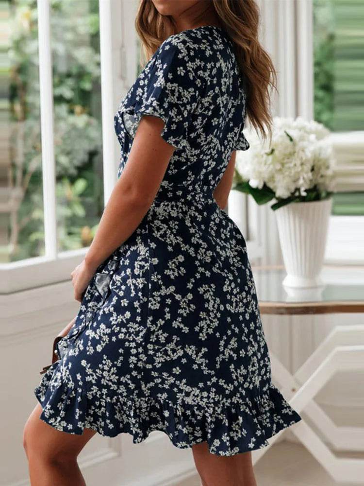 Boho Floral Ruffle Mini Dress - Sexy V Neck, Short Sleeves - Buy Center UK