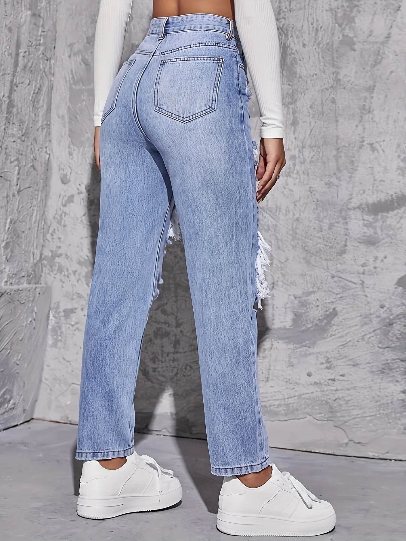 Buy Center High Waist Hole-Punched Jeans - Women’s Wide-Legged Style - Buy Center UK