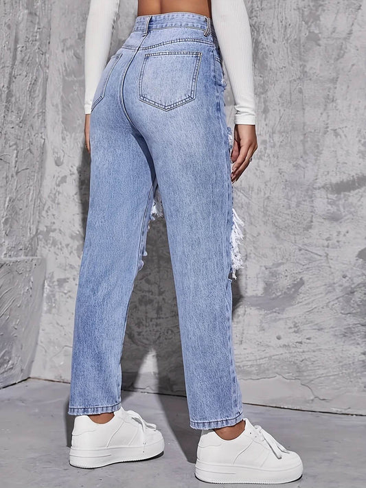 Buy Center High Waist Hole-Punched Jeans - Women’s Wide-Legged Style - Buy Center UK
