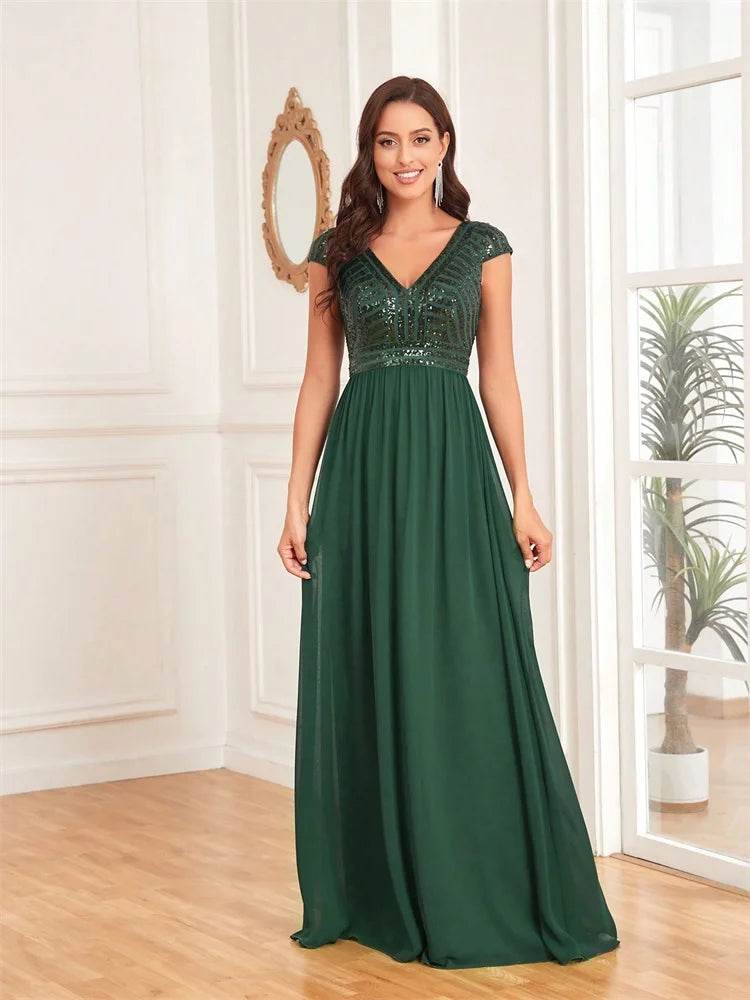 Elegant Chiffon Evening Dress - V-Neck Sequins Gown for Women - Buy Center UK
