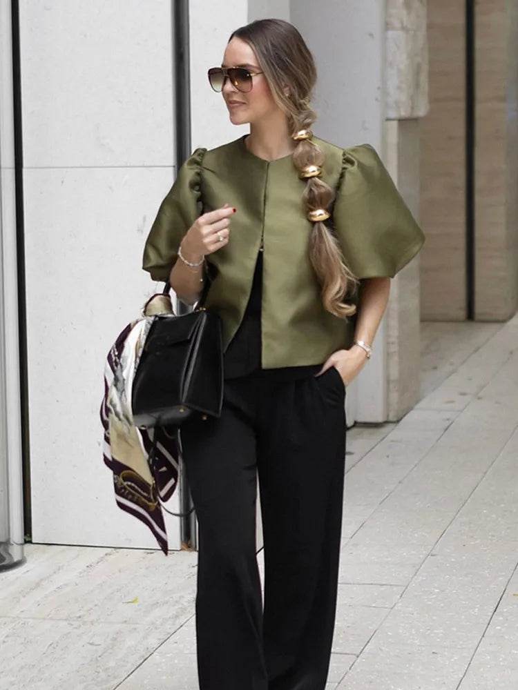 Buy Center Women's Solid Satin Blouse - Pouf Balloon Sleeves, Loose Fit - Buy Center UK