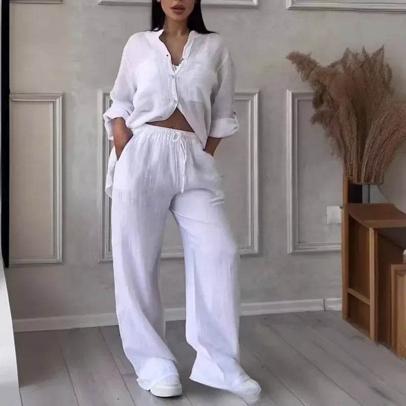 Buy Center Women's Linen Drawstring Shirt & Wide Leg Pants Set - Buy Center UK