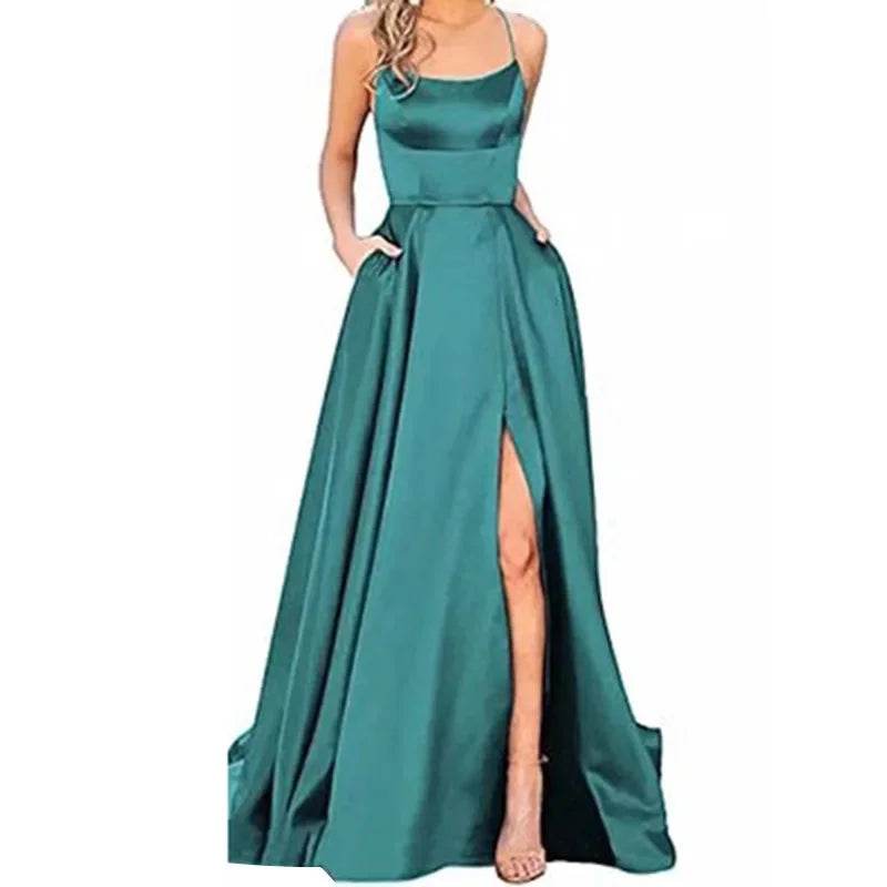 Buy Center Long Backless Satin Dress - Sexy Side Slit Evening Gown - Buy Center UK