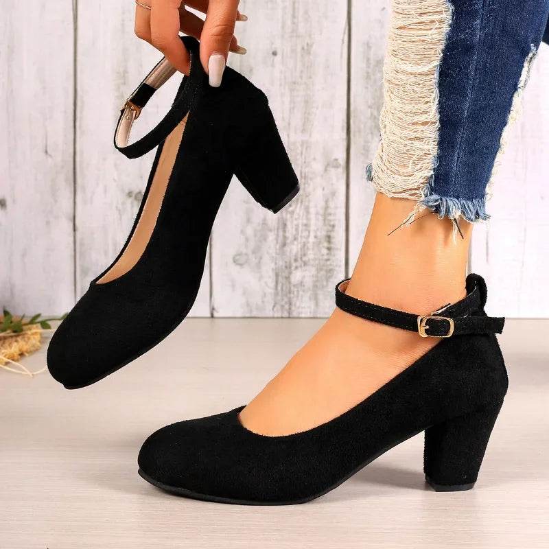 Buy Center Women's Black Suede Pumps - Buckle, Thick Heels, Casual Style - Buy Center UK