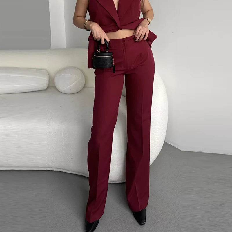 Elegant Blazer Pants Set for Women - Deep V-neck, Shoulder Pads - Buy Center UK