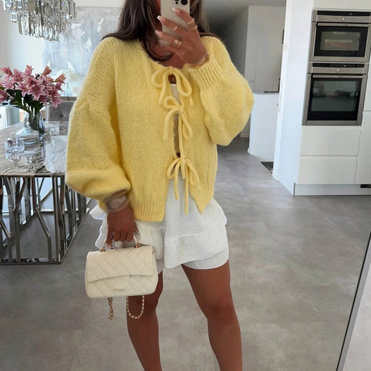 Buy Center Women's Lace-Up Cardigan - Stylish Hollow Out Knitwear - Buy Center UK