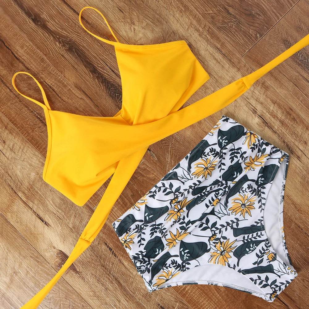 Buy Center High Waist Floral Bikini Set - V-Neck Two Piece - Buy Center UK