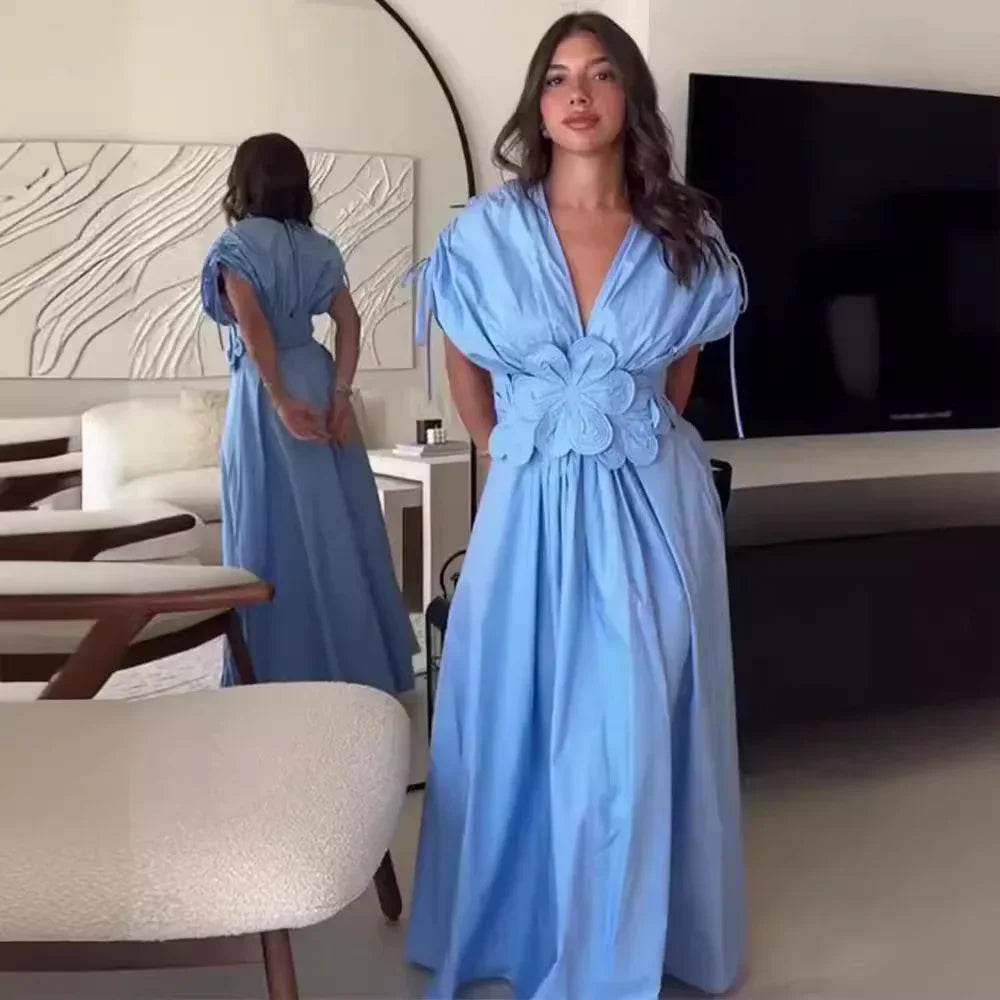 Buy Center Blue V-Neck Waist-Fitted Long Dress - Elegant & Stylish - Buy Center UK