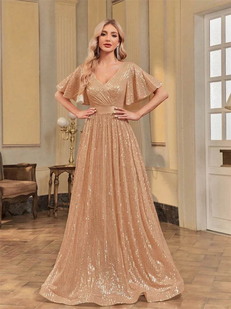 Luxury V Neck Evening Dress 2024 - Sequin A-Line Gown for Women - Buy Center UK