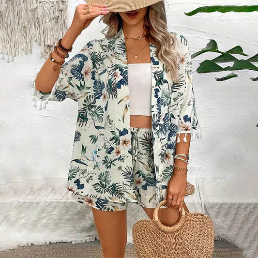 Buy Center Two Piece Women’s Set - Floral Cardigan & Beach Shorts - Buy Center UK