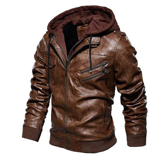 Buy Center Men's Leather Jacket - Warm Hooded Casual Style - Buy Center UK