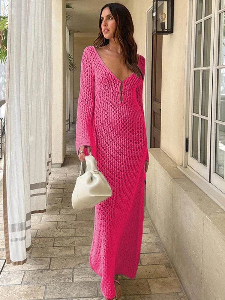 BWQ White Knit Maxi Dress - See-Through V-Neck Beach Cover Up - Buy Center UK