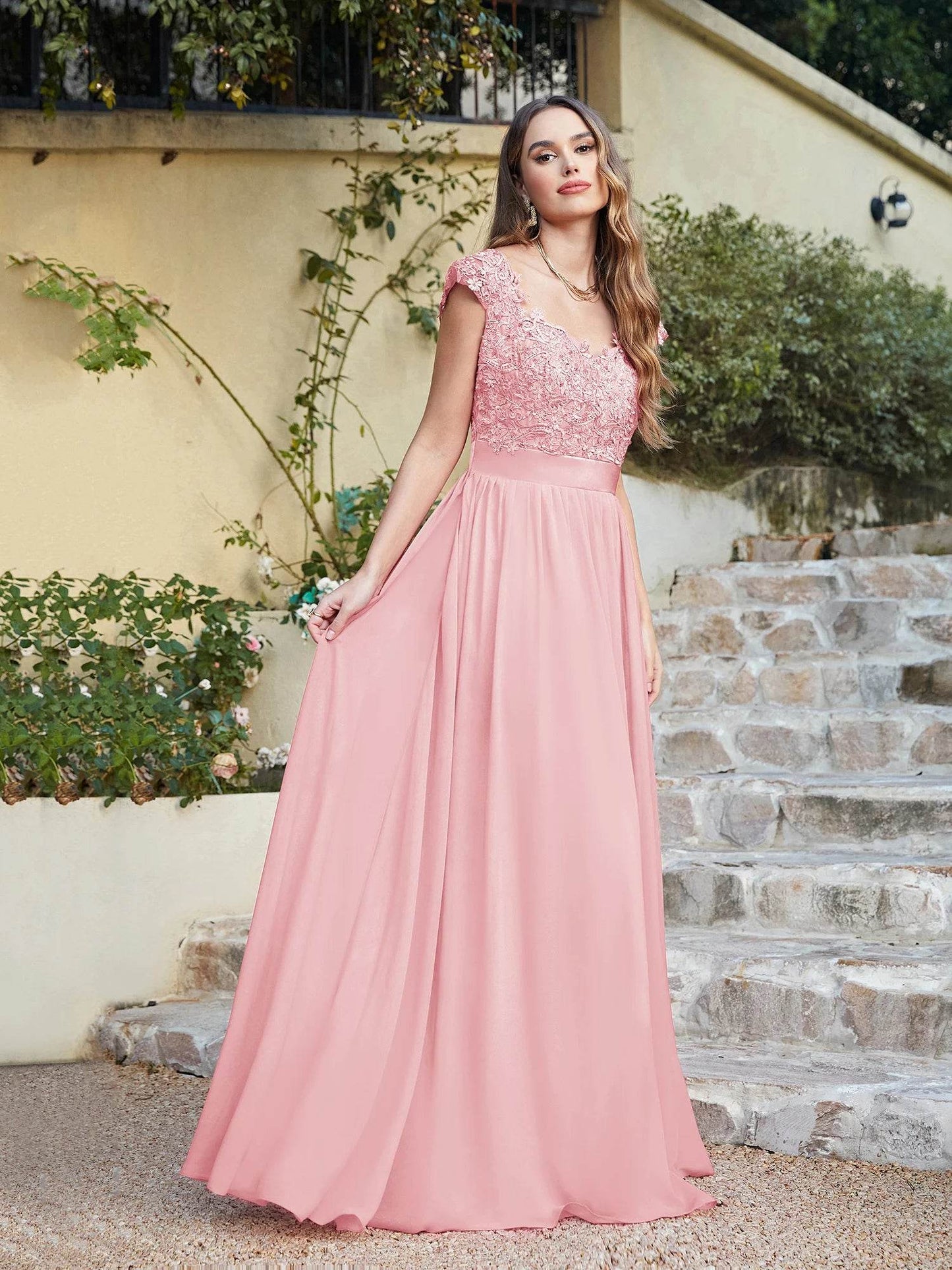 Buy Center Long Chiffon A-Line Bridesmaid Dress - Sleeveless & Floral Lace - Buy Center UK