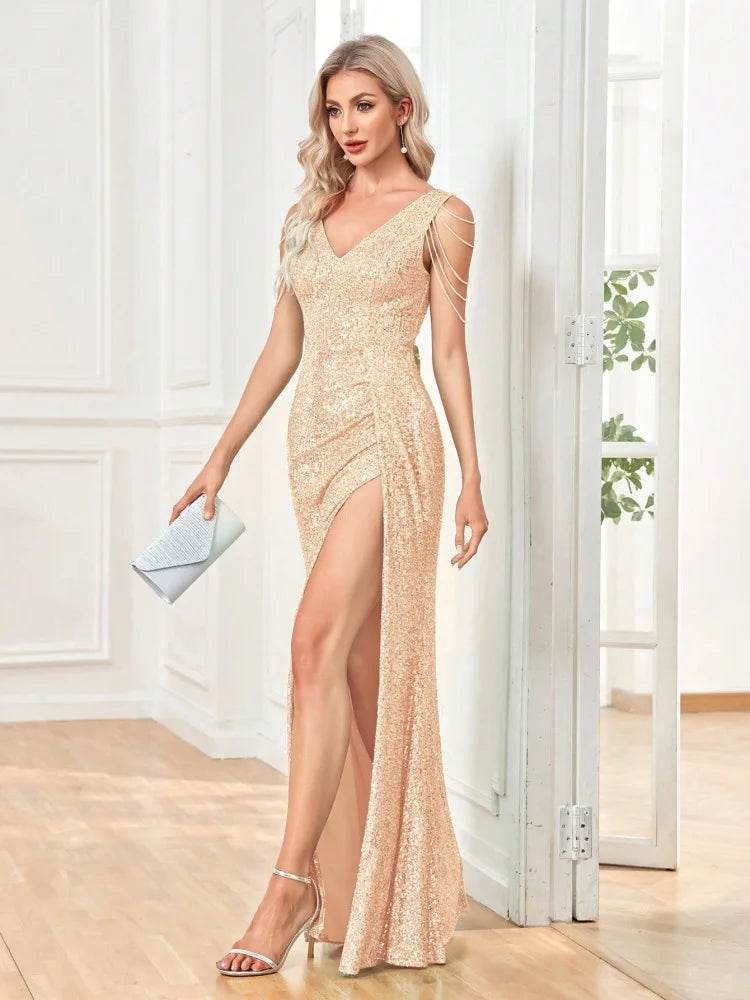 Buy Center Elegant V-Neck Sequin Evening Dress - Luxury Formal Gown - Buy Center UK