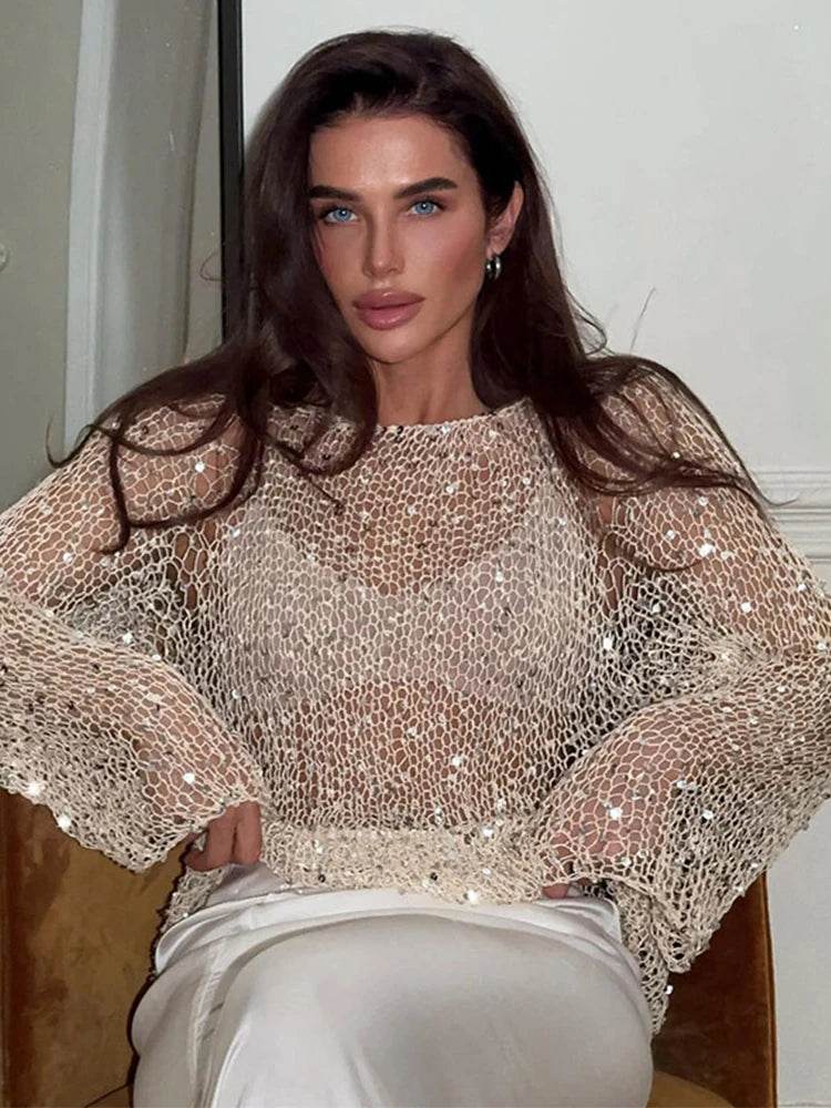 Buy Center See Through Sequined Sweater - Shiny O-neck Beach Top - Buy Center UK