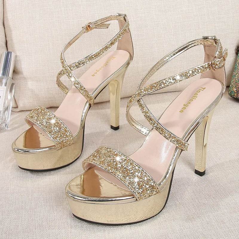 Buy Center Women's High Heel Pumps - Bling Open Toe Cross Strap - Buy Center UK