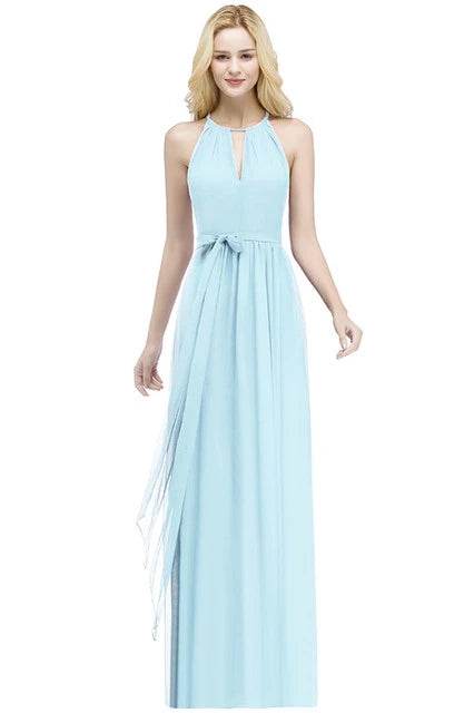 Sky Blue Halter Bridesmaid Dress - A-Line Chiffon Evening Gown - Buy Center UK