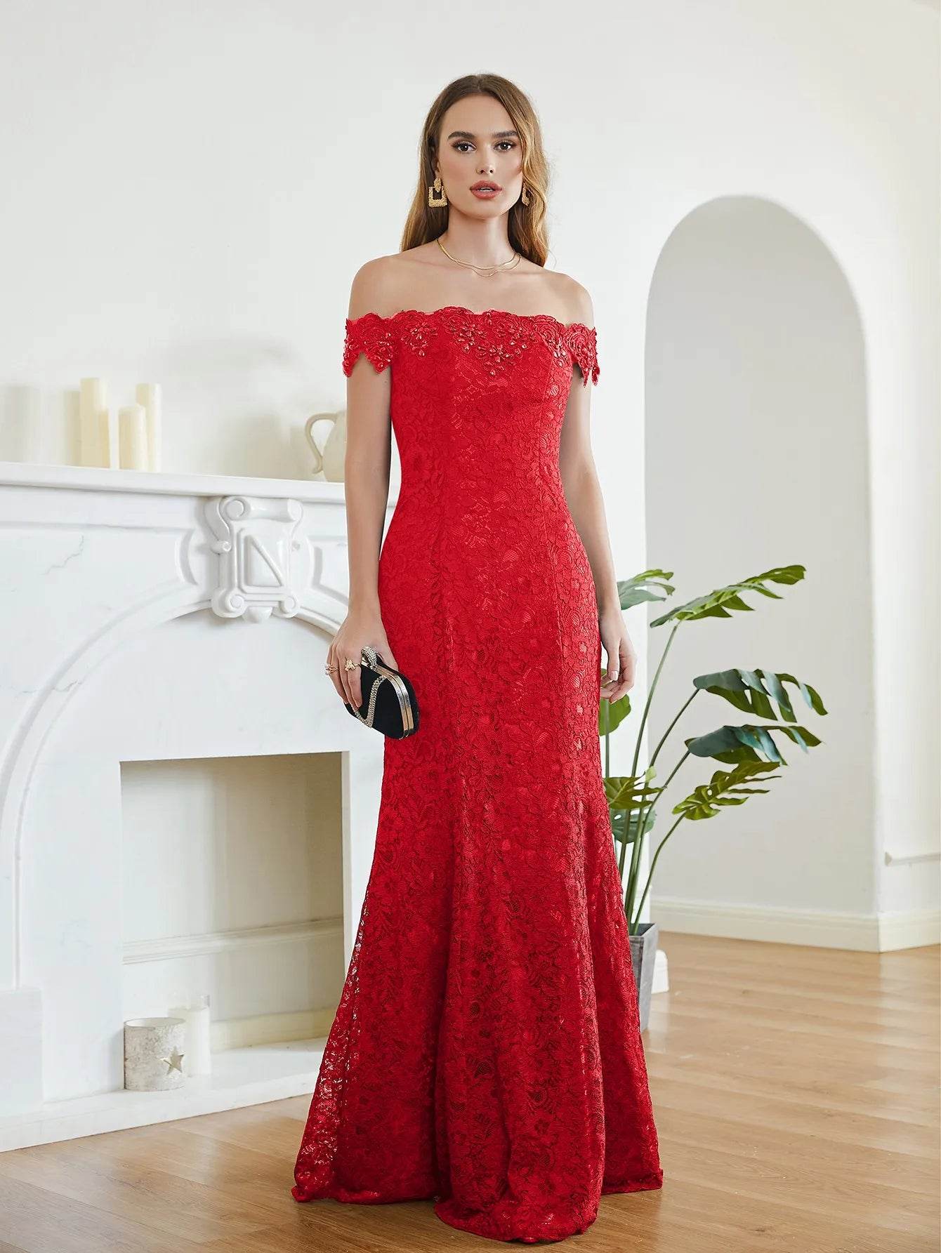 Charming Red Mermaid Bridesmaid Dress - Off-Shoulder Beading Lace - Buy Center UK
