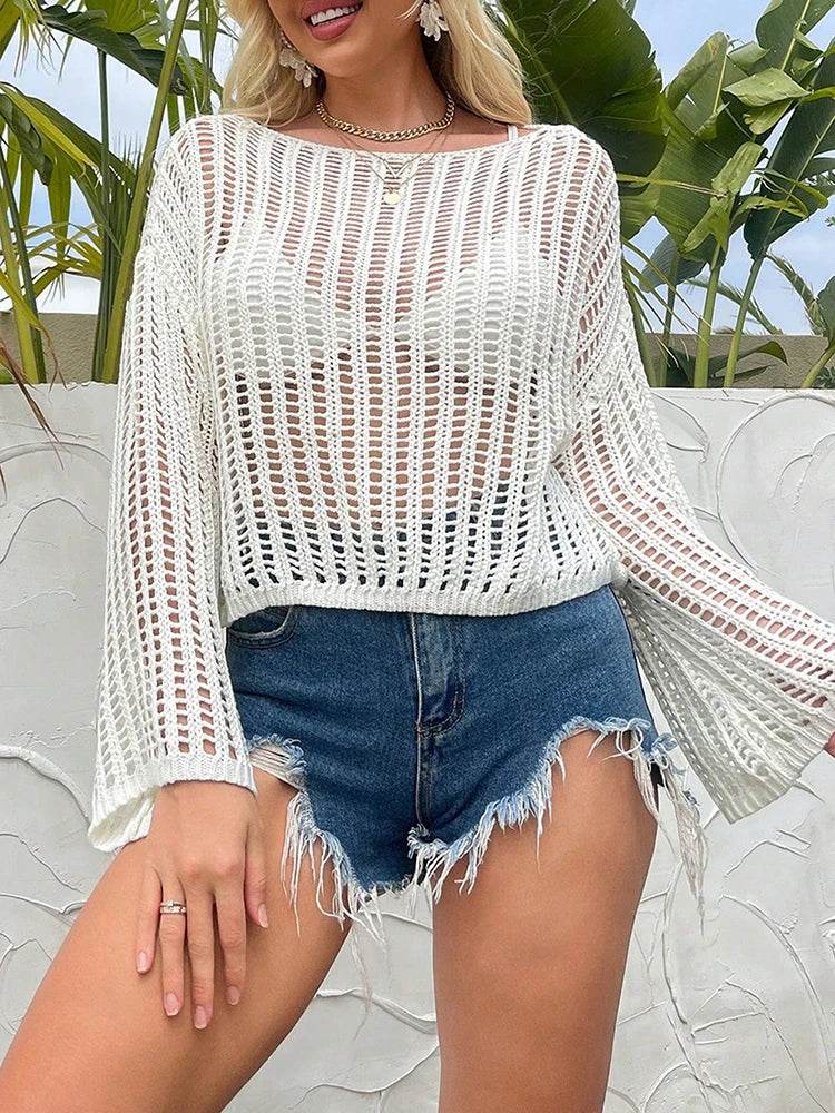 Buy Center Fishnet Crochet Top - Stylish Long Sleeve Summer Crop - Buy Center UK