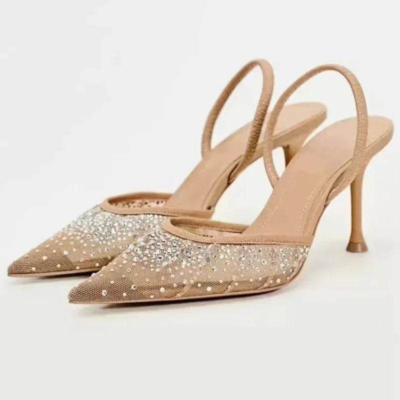 Buy Center Luxury Rhinestone Mesh Heeled Sandals - Elegant Summer Pumps - Buy Center UK