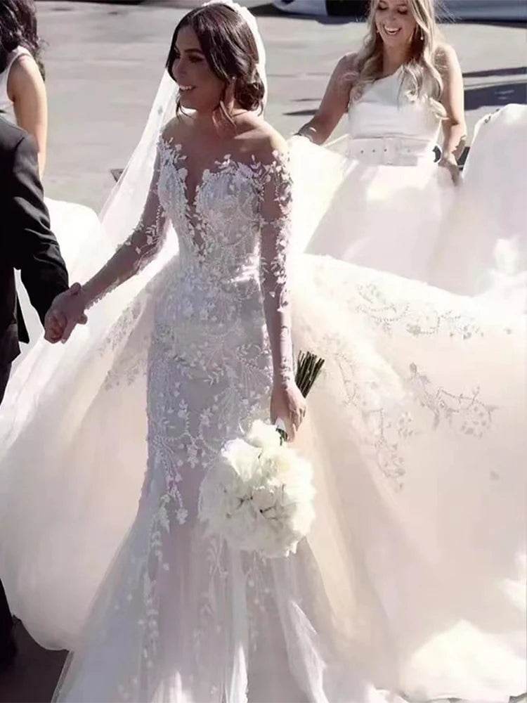Luxury V-neck Mermaid Wedding Dress - Long Sleeves & Detachable Train - Buy Center UK