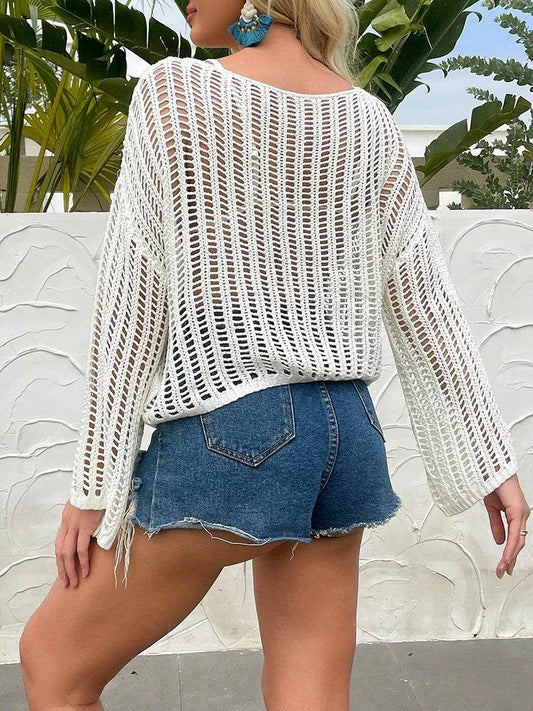 Buy Center Fishnet Crochet Top - Stylish Long Sleeve Summer Crop - Buy Center UK