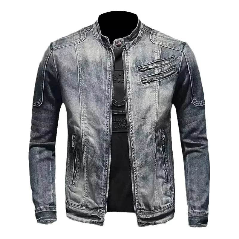 Trendy Stand Collar Zip-Up Denim Jacket for Men - Vintage Style - Buy Center UK