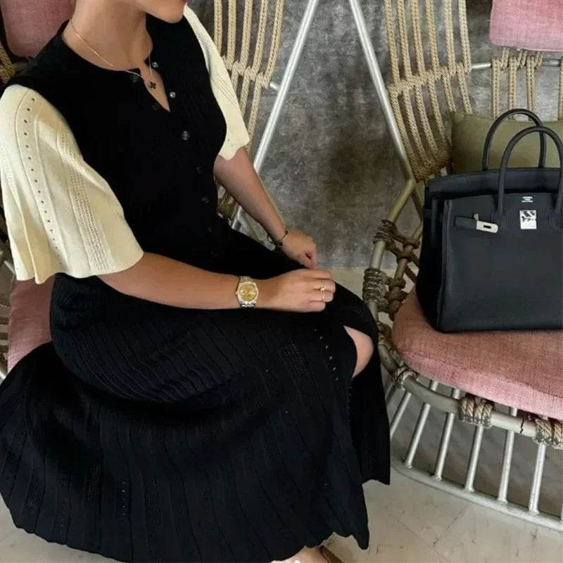 Elegant Women's Knit Dress - Slim O-Neck, Short Sleeve A-Line - Buy Center UK