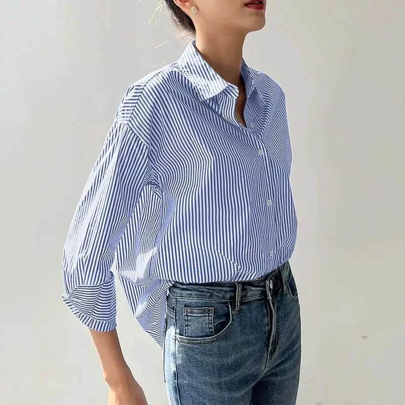 Buy Center Women’s Long Sleeve Blouse - Stylish Blue Stripes Top - Buy Center UK