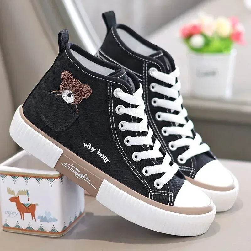 Buy Center Women's Canvas Sneakers - Cute Pocket Bear High-Top Shoes - Buy Center UK