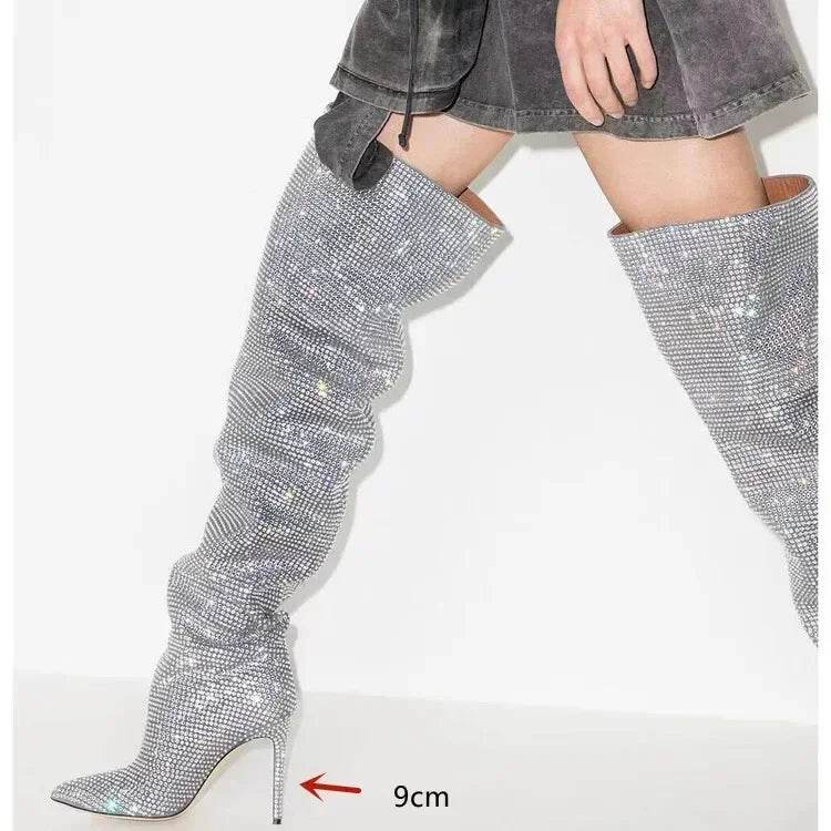 Buy Center Knee-Length Rhinestone Boots - Sexy Slim High Heels - Buy Center UK