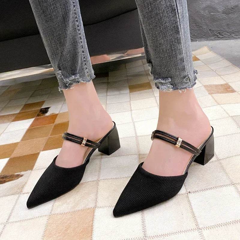 Buy Center Women’s Mules - Summer Pointed Toe Chunky Heels - Buy Center UK