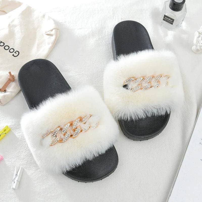 Buy Center Women's Furry Slippers - Plush Faux Rabbit Fur Slides - Buy Center UK