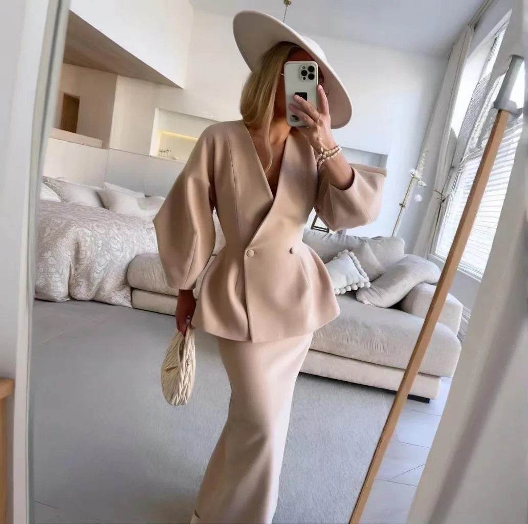 Elegant Blazer Coat Skirt Set - Slim V-Neck, Lantern Sleeve Chic - Buy Center UK