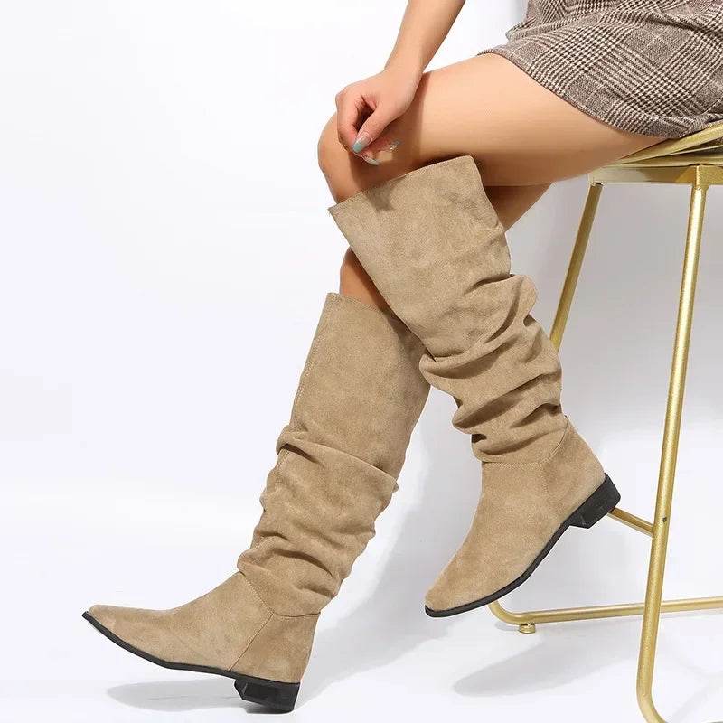Buy Center Women's Pleated Knee High Boots - Black & Nude Faux Suede - Buy Center UK