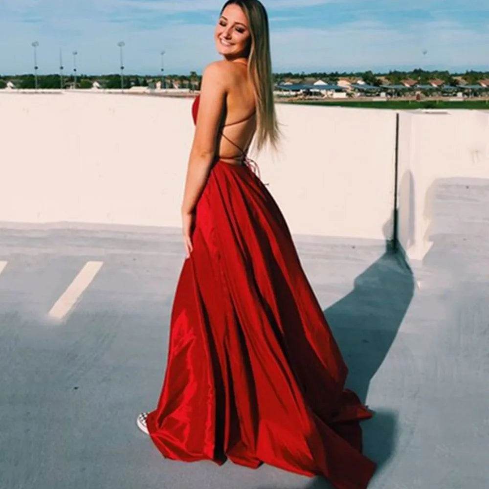 Elegant Burgundy Prom Dress 2024 - Backless Satin Maxi Gown - Buy Center UK