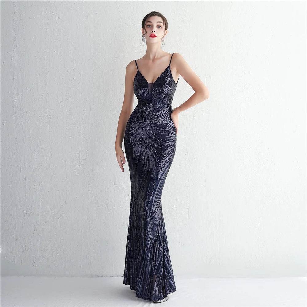 HBLL Sexy V Neck Maxi Dress - Purple Sequin Evening Gown for Parties - Buy Center UK