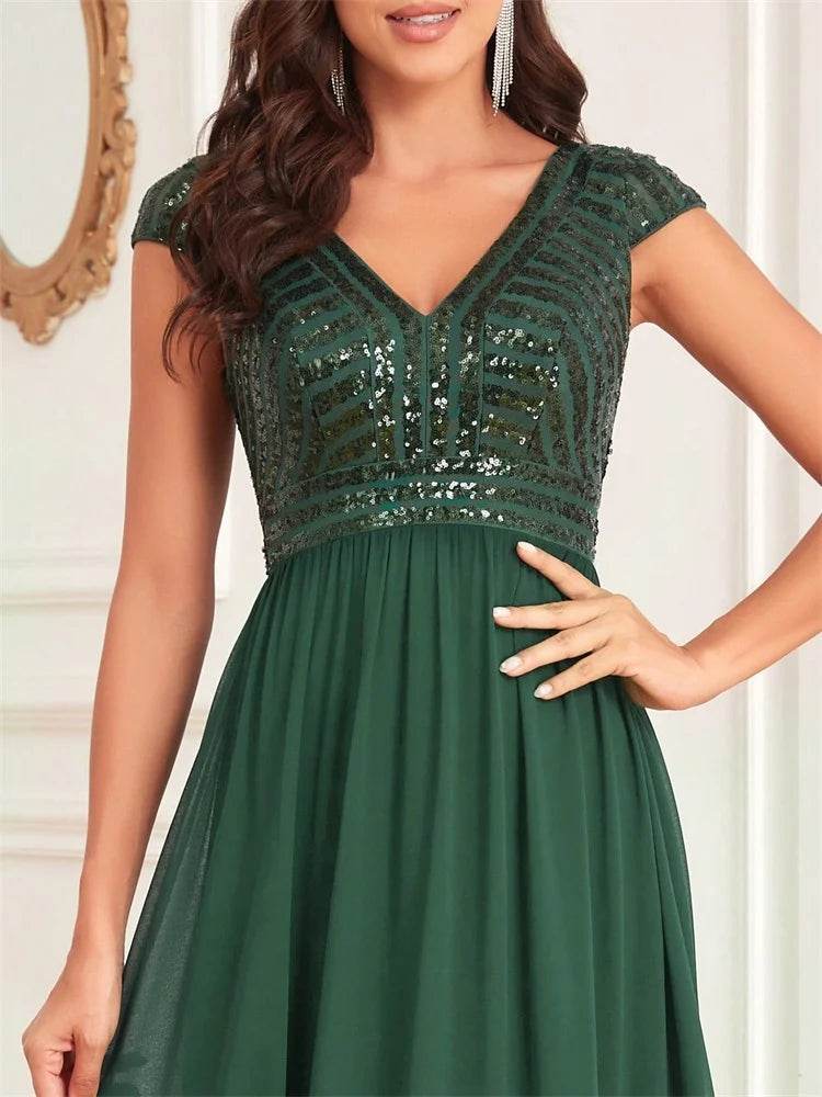 Elegant Chiffon Evening Dress - V-Neck Sequins Gown for Women - Buy Center UK