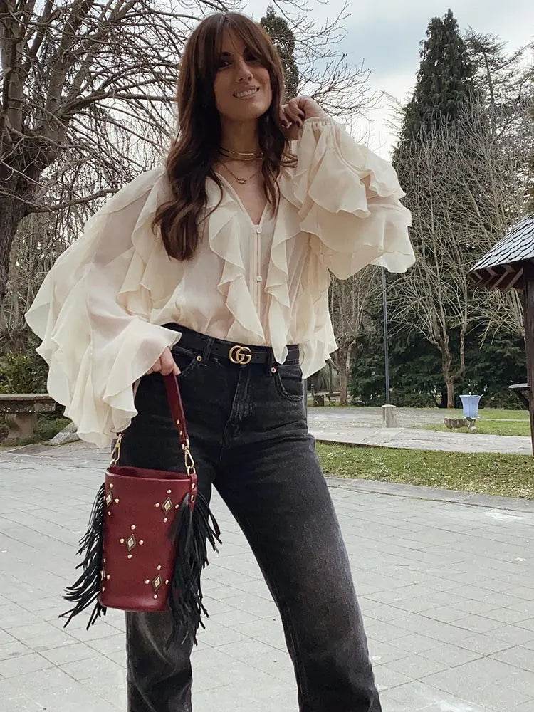 TRAFZA Women's Ruffles Blouses - Elegant V Neck Chic Tops - Buy Center UK