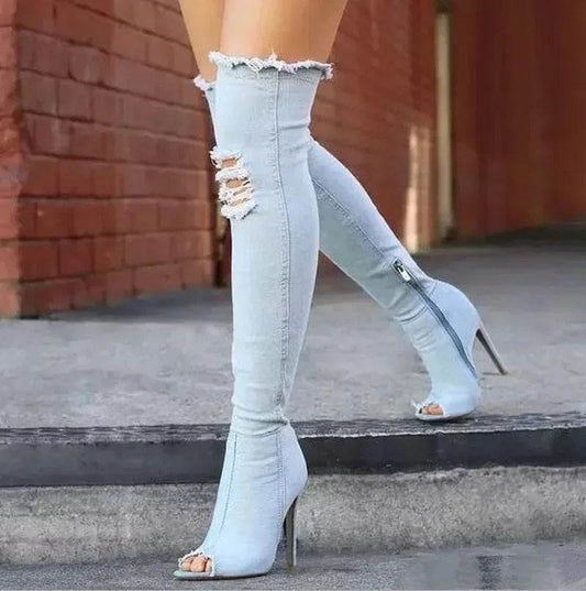 Buy Center Thigh High Peep Toe Boots - Stylish Blue Denim Design - Buy Center UK