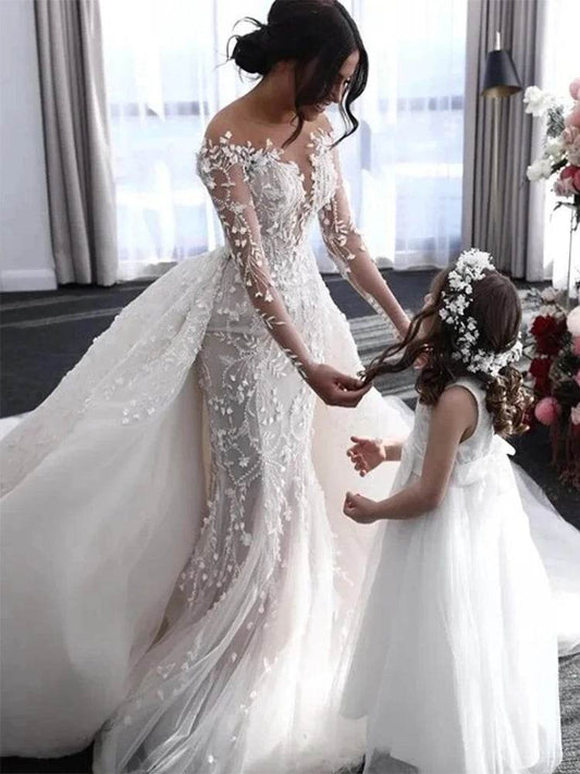 Luxury V-neck Mermaid Wedding Dress - Long Sleeves & Detachable Train - Buy Center UK