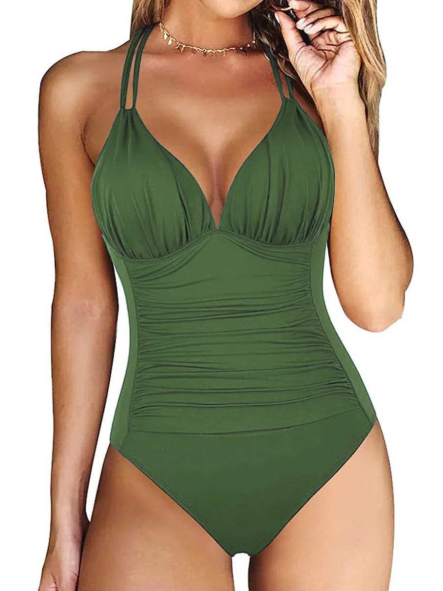 Ruched One Piece Swimsuit for Women - Elegant Backless Design - Buy Center UK
