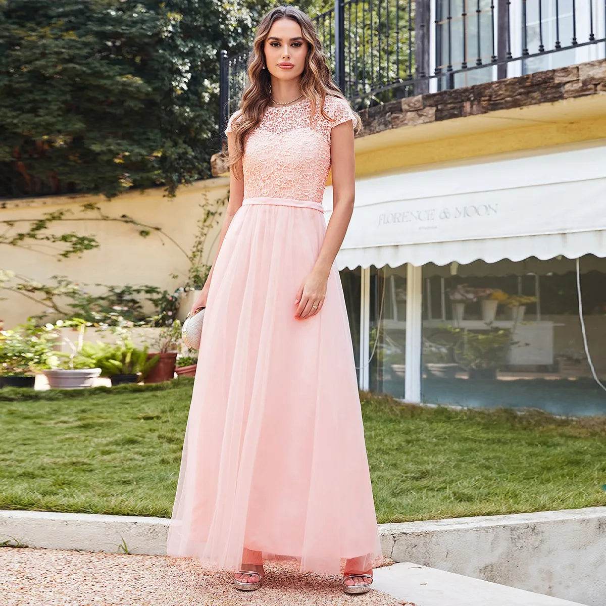 Pearl Pink Chiffon Lace Bridesmaid Dress - A-Line Sweetheart Gown - Buy Center UK