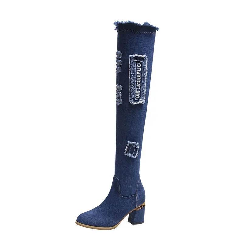 Women's Over The Knee Denim Boots - Pointed Toe High Heels - Buy Center UK