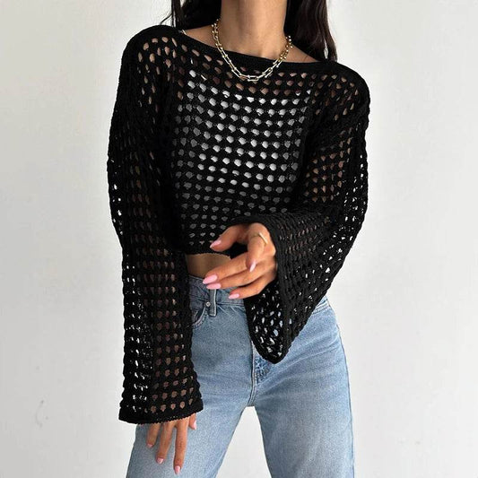 Buy Center Long Sleeve Crochet Knit Top - Summer Beach Cover-Up - Buy Center UK