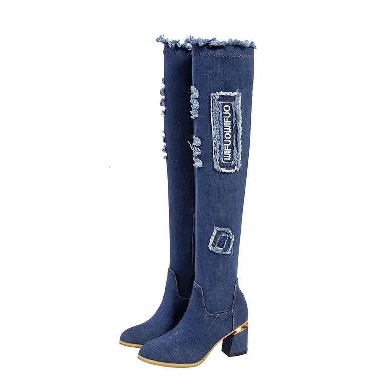 Women's Over The Knee Denim Boots - Pointed Toe High Heels - Buy Center UK