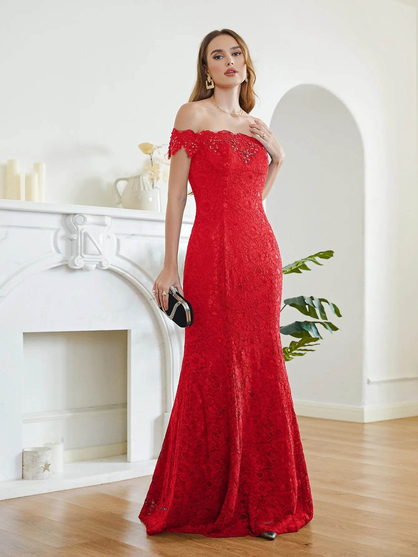 Charming Red Mermaid Bridesmaid Dress - Off-Shoulder Beading Lace - Buy Center UK