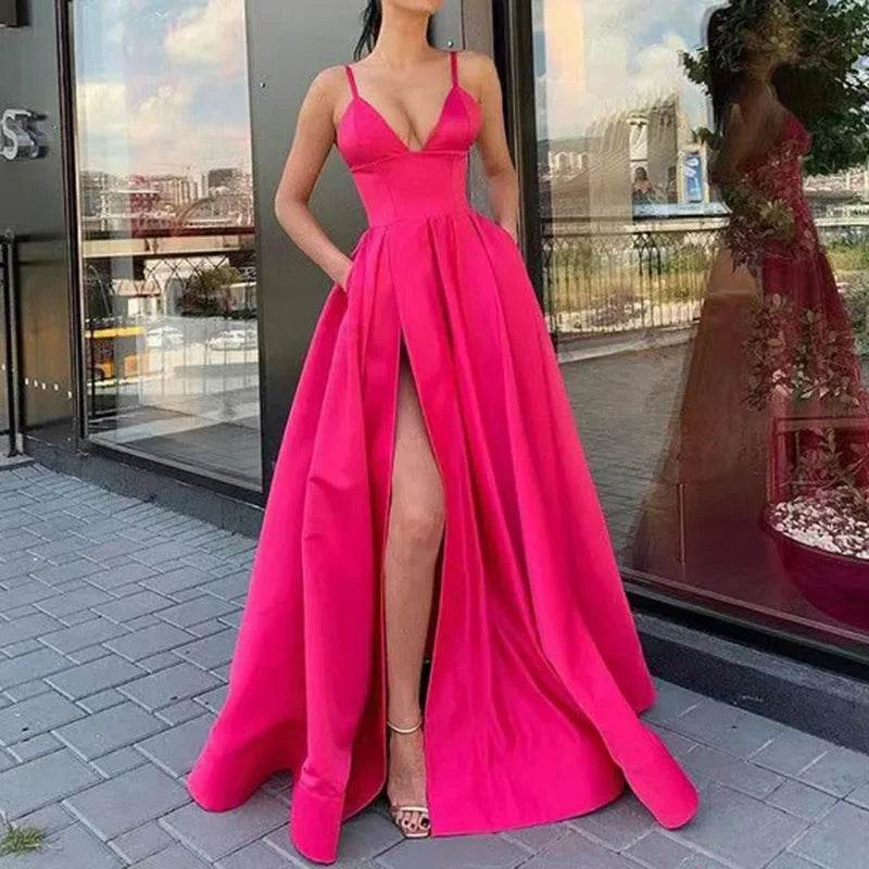 Buy Center Long Backless Satin Dress - Sexy Side Slit Evening Gown - Buy Center UK