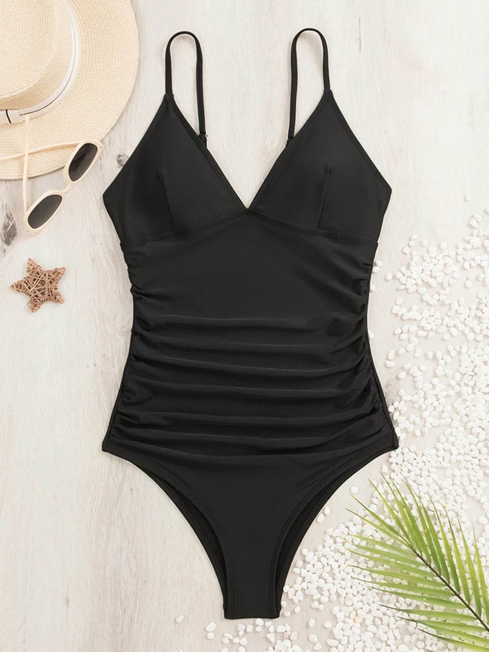 2024 Deep V Neck One Piece Swimsuit - Solid Ruched Design for Women - Buy Center UK