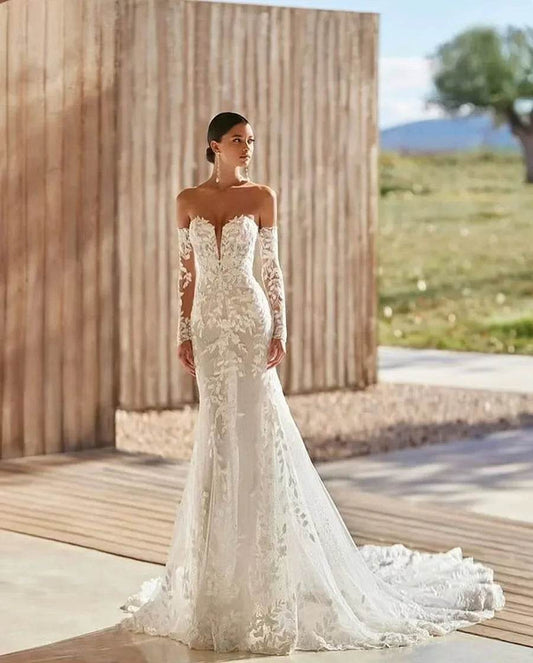 Customized Mermaid Wedding Dress - Lace Appliques & Long Sleeves - Buy Center UK